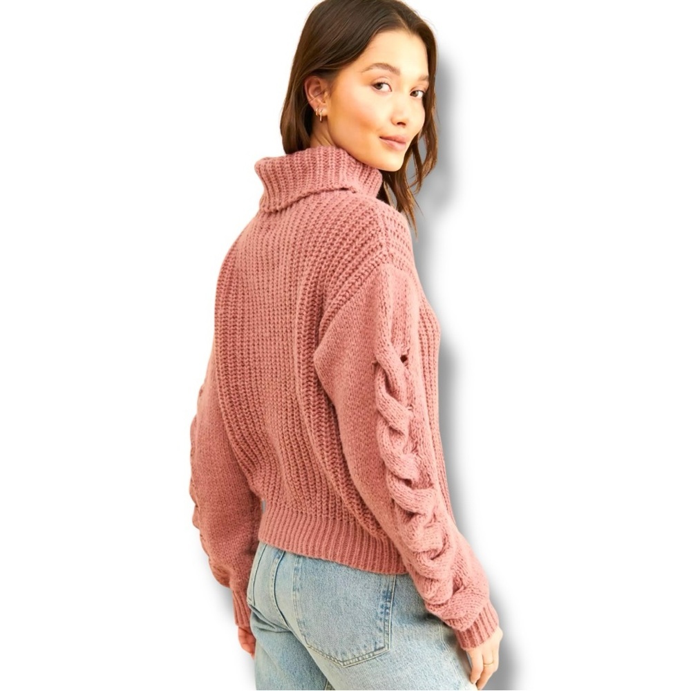 Vigoss Cozy Dusty Rose Rollover Knit Braided Sleeve Detail Turtleneck Sweater - Picture 2 of 16